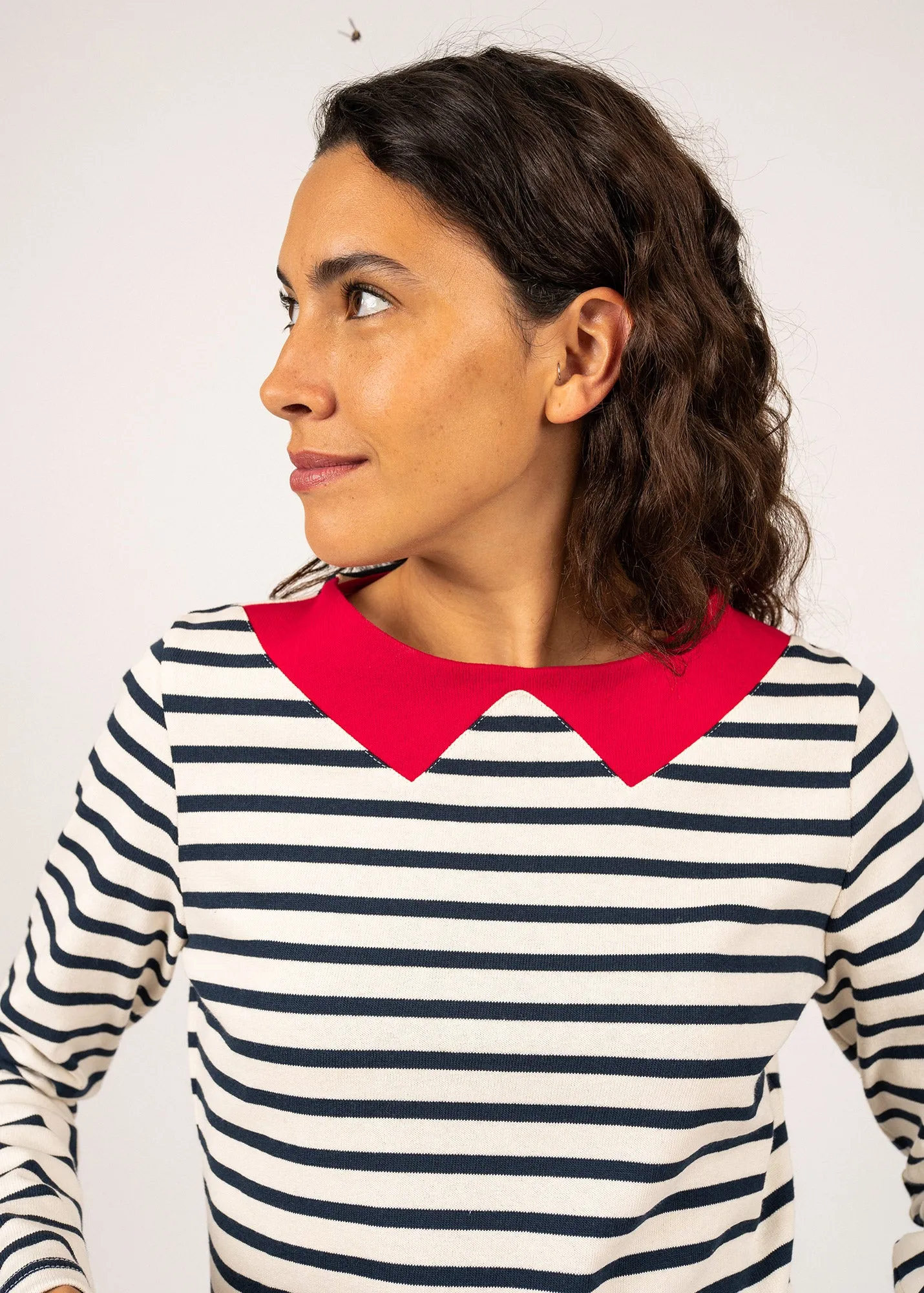 VIRE - Breton Striped Shirt with Collar for Women| Heavyweight Cotton (ECRU / NAVY / RED)