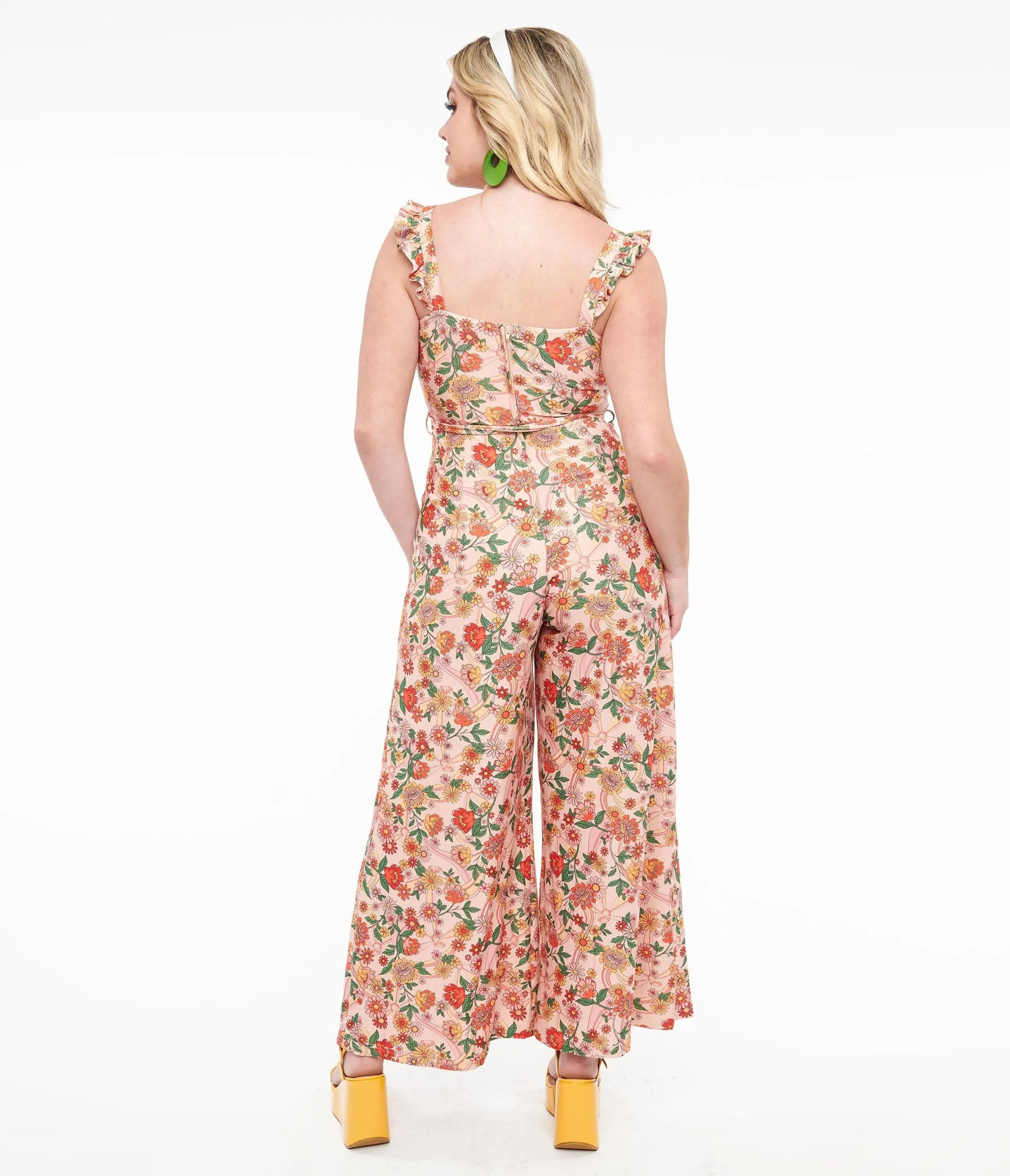 Voodoo Vixen 1970s Pink Rainbow Floral Print Jumpsuit