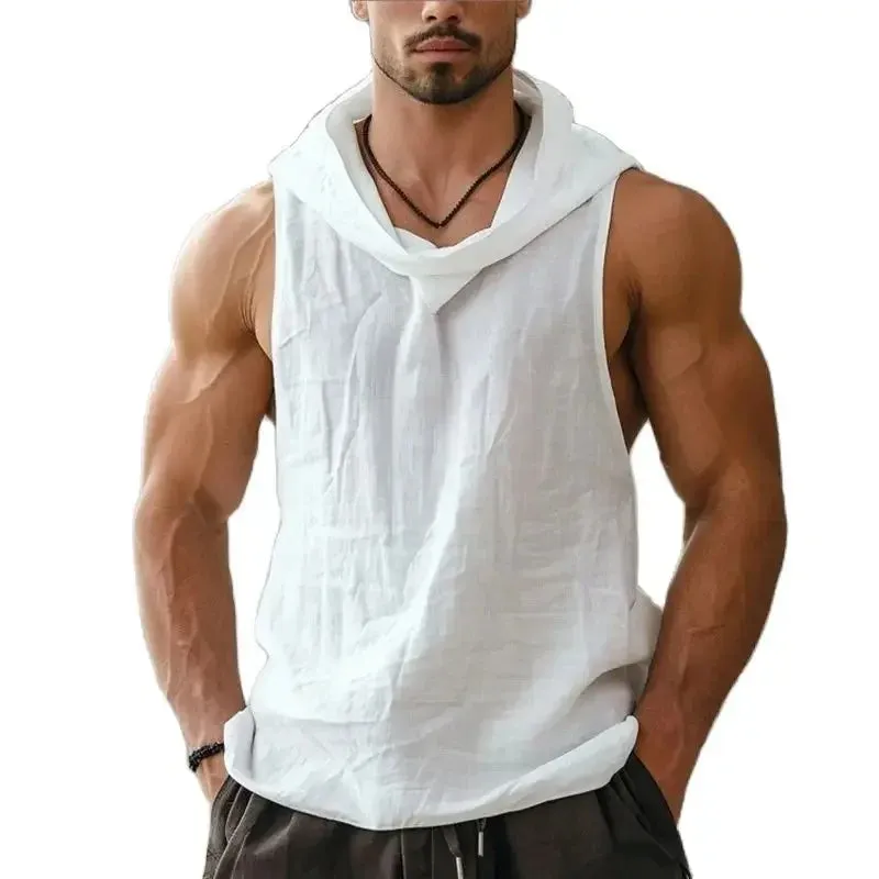 Wiaofellas  -  Casual Loose Breathable Hooded Tank Tops Men Summer Fashion Solid Color Cotton Hoodie Male Sleeveless Camisoles Mens Streetwear