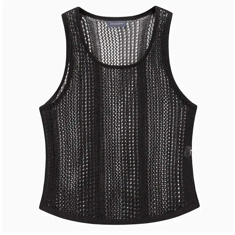 Wiaofellas  -  Fashion Knitted Hollow Out Mesh Tank Tops Mens Summer Casual Breathable Transparent Mesh Camisoles Men Knitwear Summer Clothing