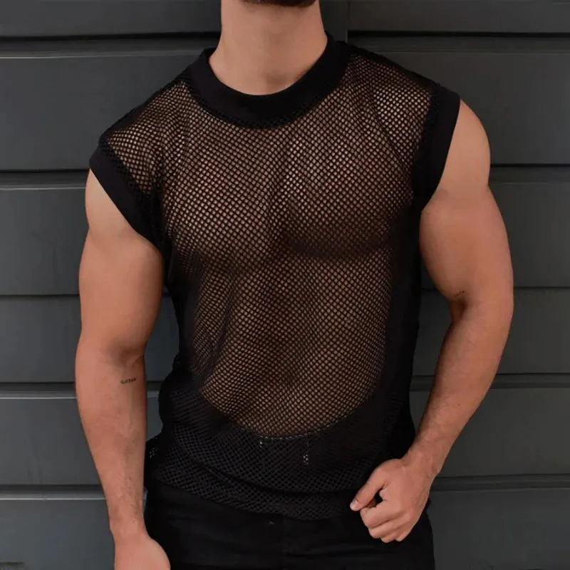 Wiaofellas  -  Sexy See Through Mesh Casual T Shirt Men Spring Breathable Hollow Out Sleeveless Tank Top Mens Summer O Neck Solid Camisoles 3XL