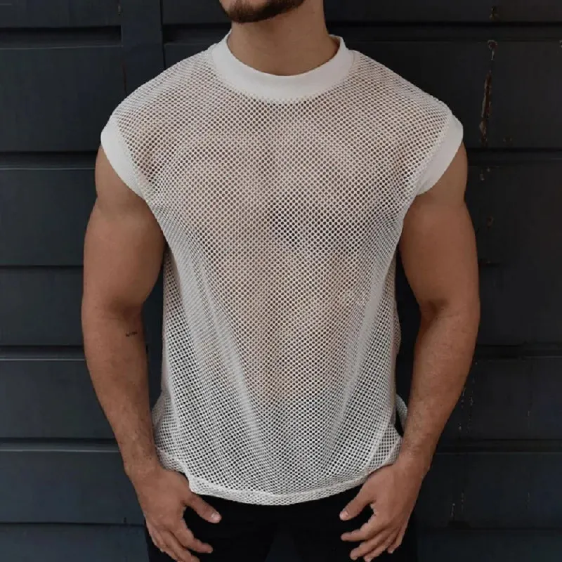 Wiaofellas  -  Sexy See Through Mesh Casual T Shirt Men Spring Breathable Hollow Out Sleeveless Tank Top Mens Summer O Neck Solid Camisoles 3XL