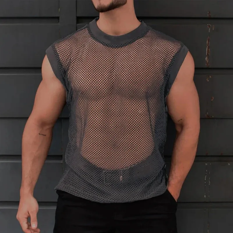 Wiaofellas  -  Sexy See Through Mesh Casual T Shirt Men Spring Breathable Hollow Out Sleeveless Tank Top Mens Summer O Neck Solid Camisoles 3XL